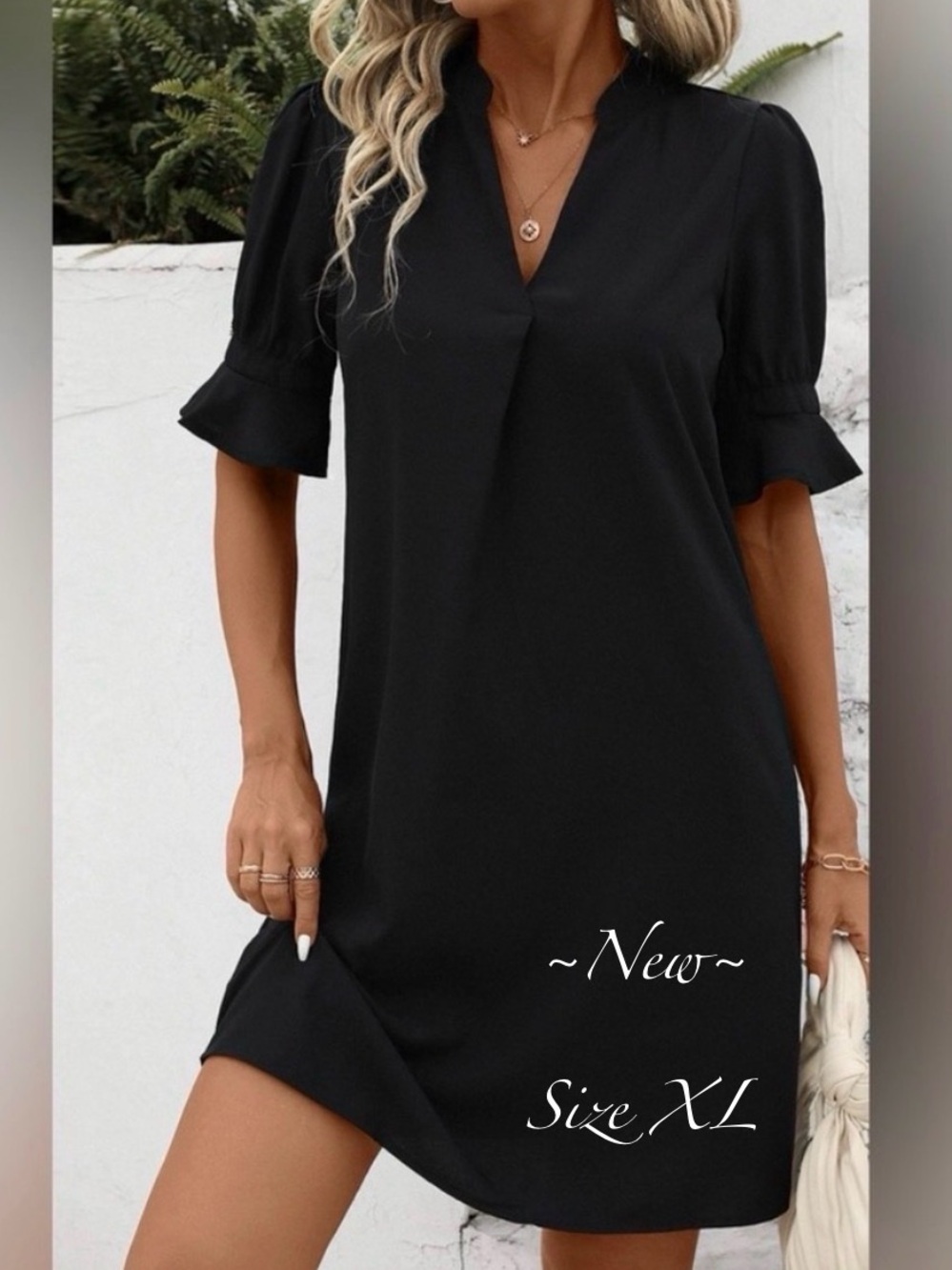 Black Half Flounce Sleeve Split V Neck Straight Hem A-Line Size XL 🪴🆕🪴